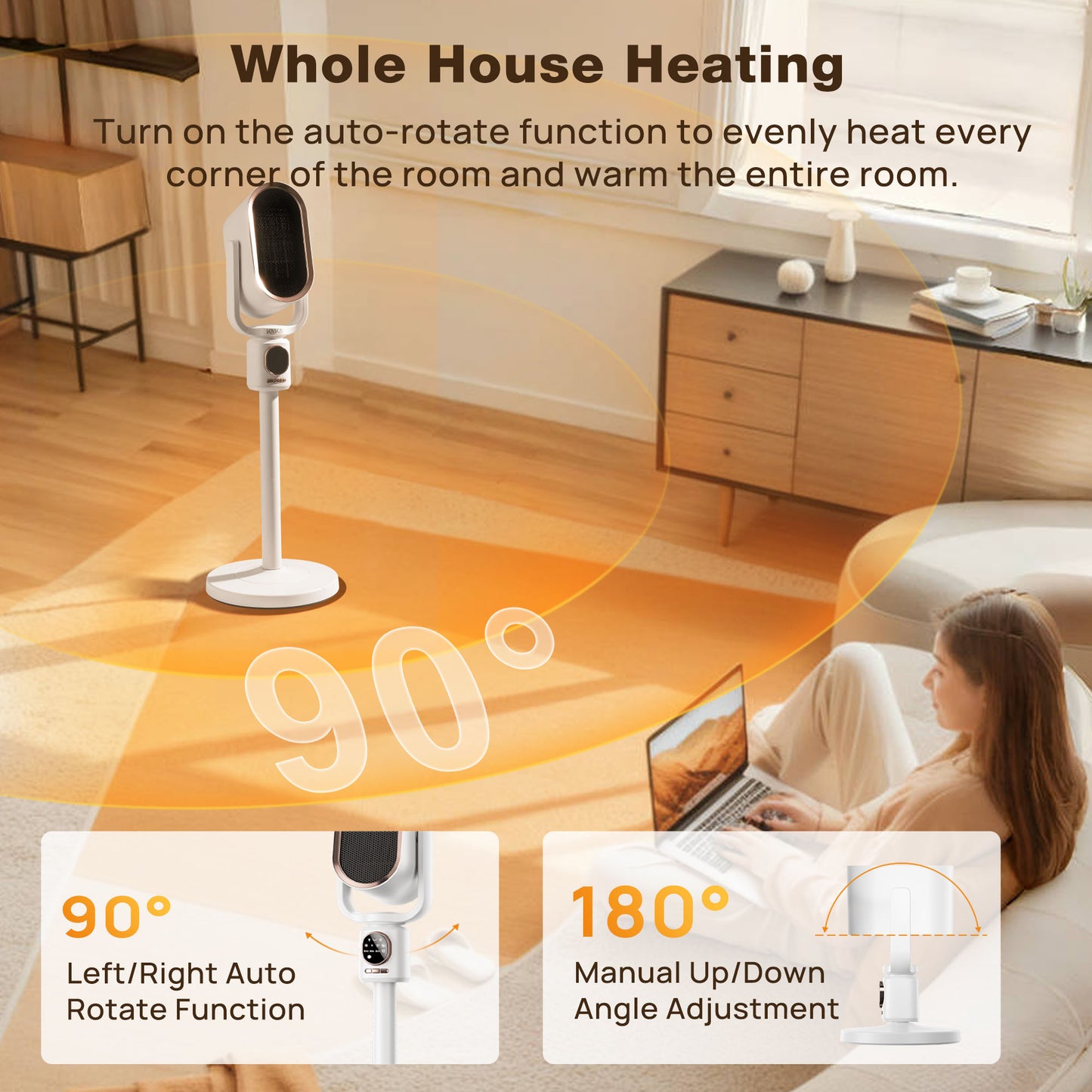 KNKA Space Heater, Portable space heaters for indoor use, 1800W PTC Ceramic Heater with Night Light, Adjustable Height, Remote Control, 3 cooling/heating modes, Overheat ,for Bedroom Office Use