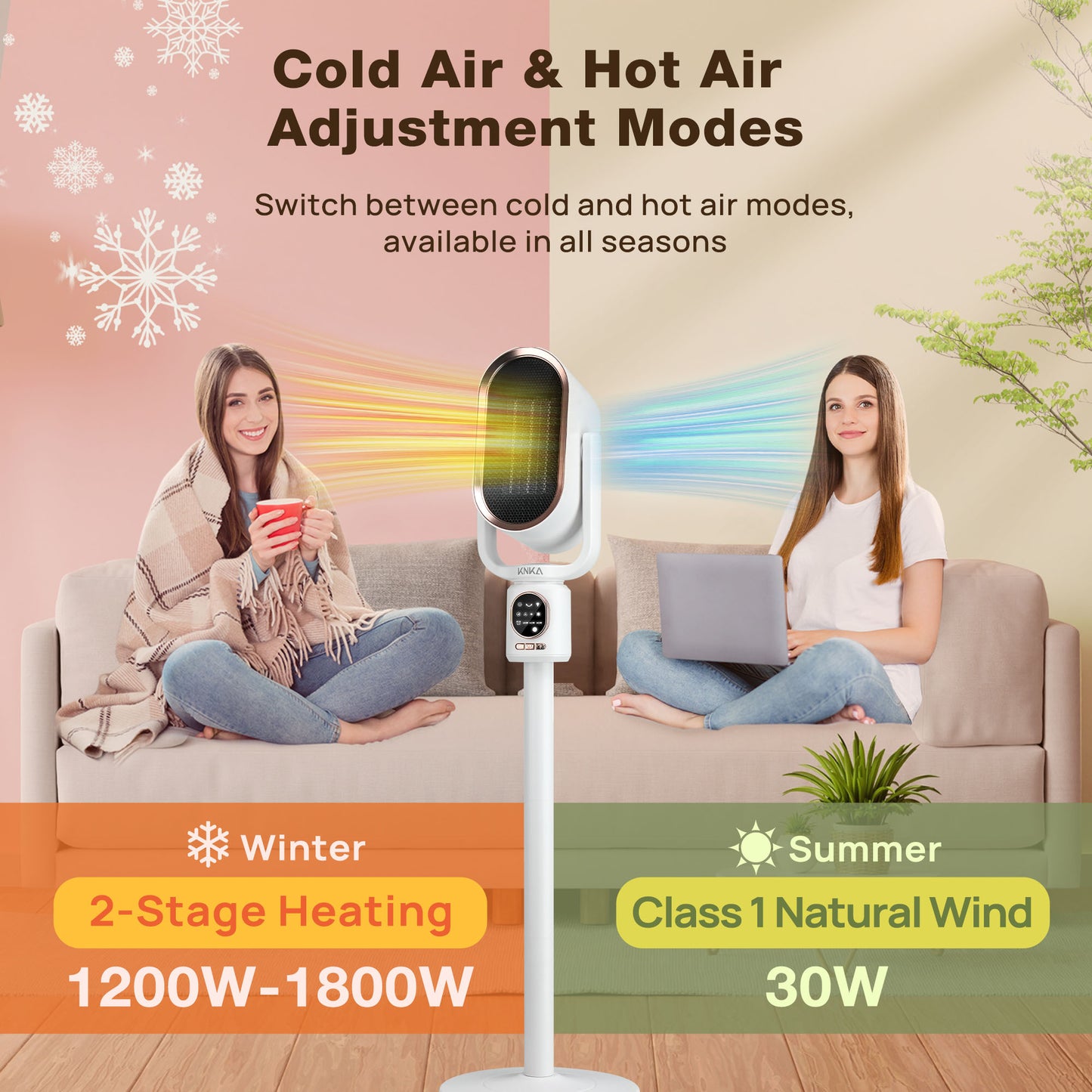 KNKA Space Heater, Portable space heaters for indoor use, 1800W PTC Ceramic Heater with Night Light, Adjustable Height, Remote Control, 3 cooling/heating modes, Overheat ,for Bedroom Office Use