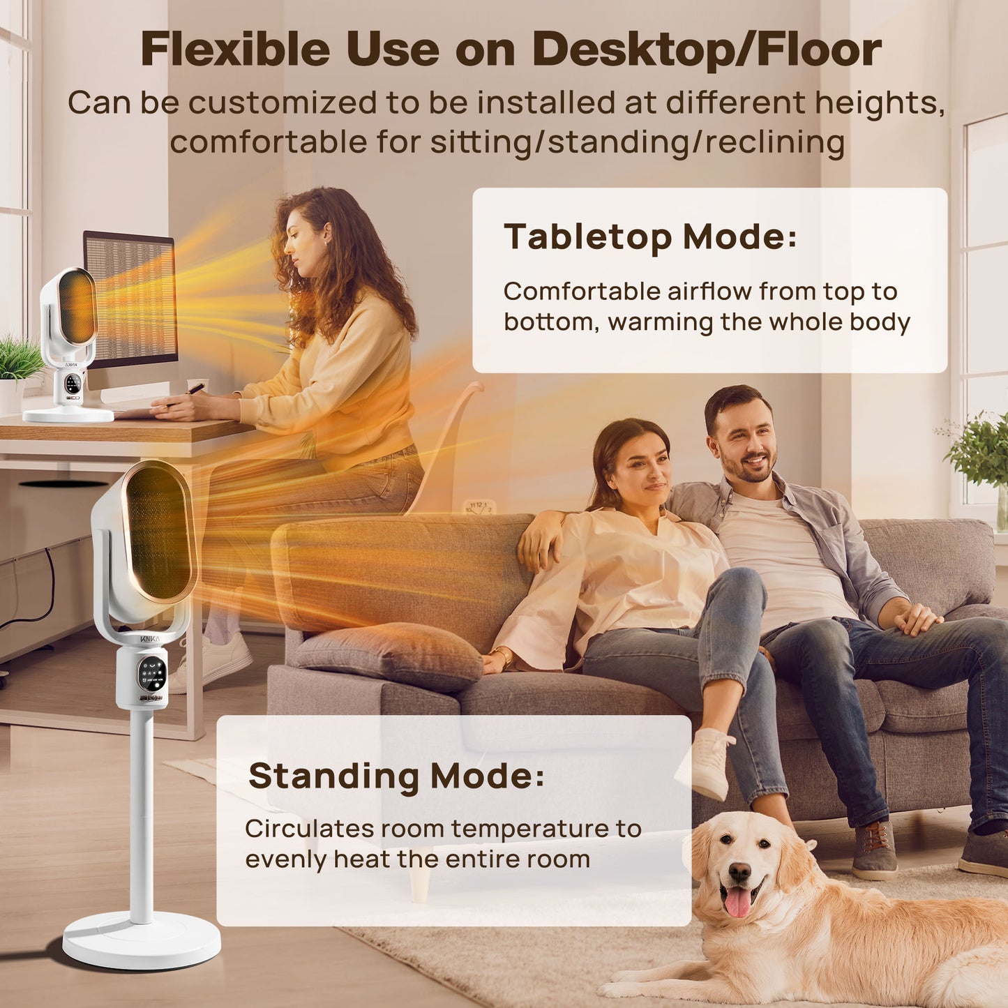 KNKA Space Heater, Portable space heaters for indoor use, 1800W PTC Ceramic Heater with Night Light, Adjustable Height, Remote Control, 3 cooling/heating modes, Overheat ,for Bedroom Office Use