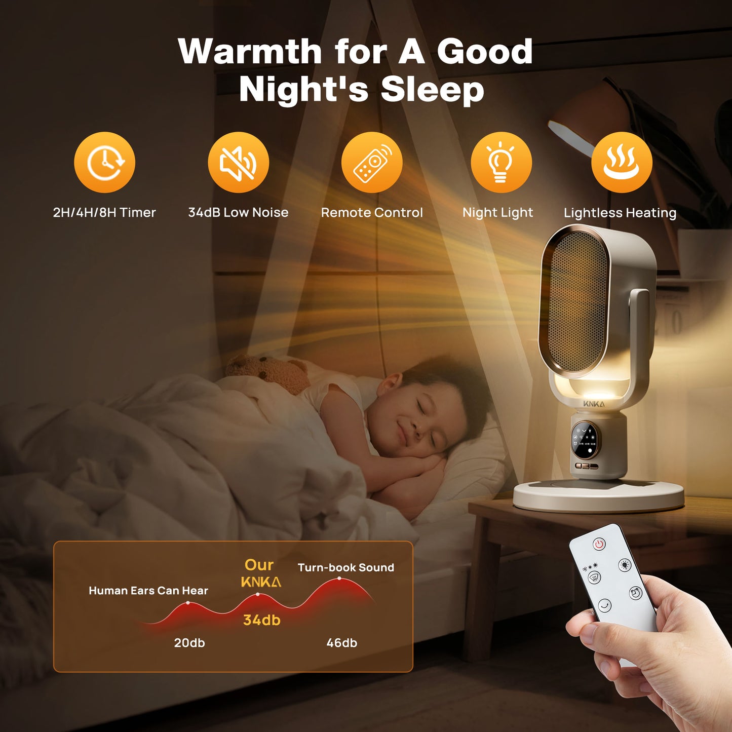 KNKA Space Heater, Portable space heaters for indoor use, 1800W PTC Ceramic Heater with Night Light, Adjustable Height, Remote Control, 3 cooling/heating modes, Overheat ,for Bedroom Office Use