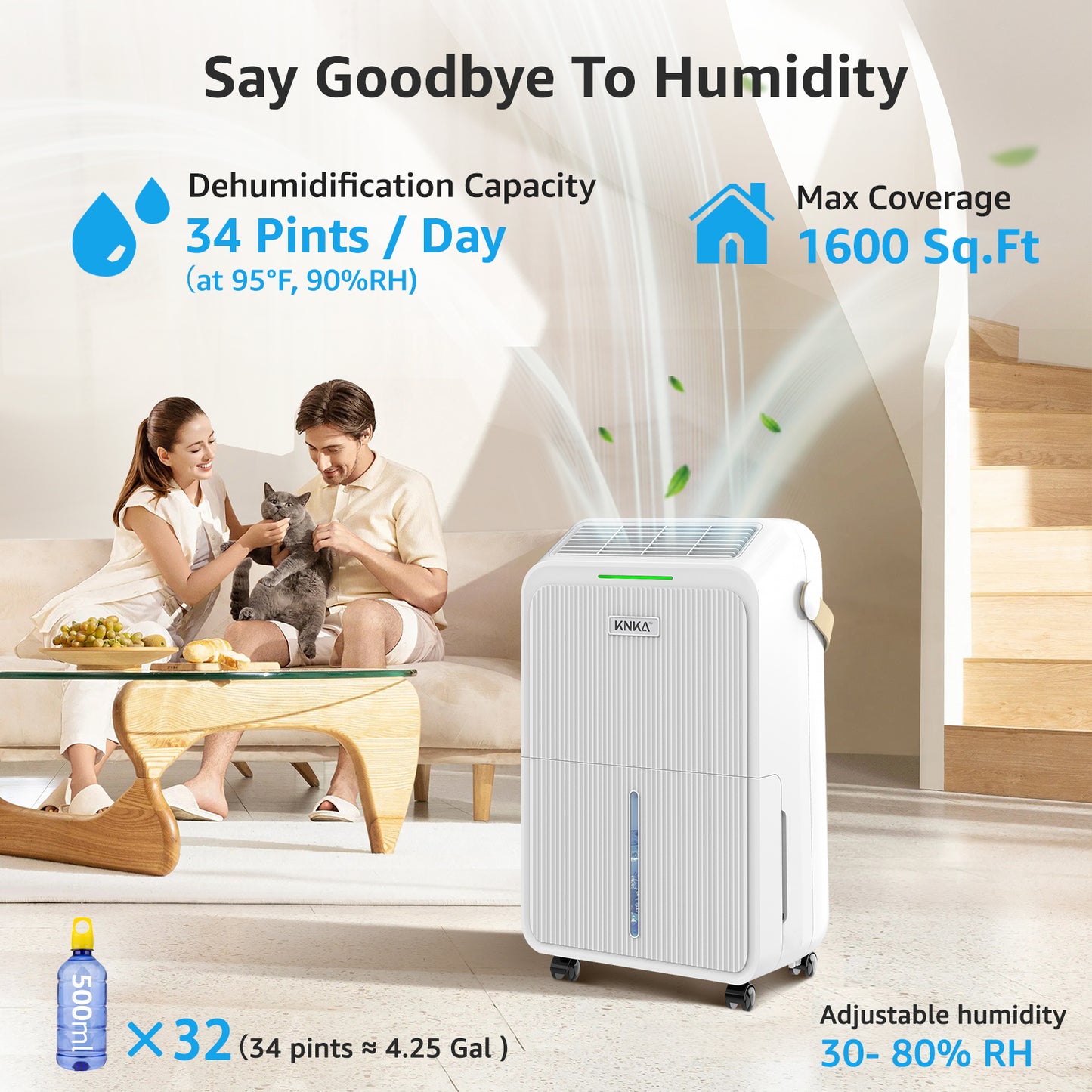 KNKA 34-Pint Dehumidifier for Basements, Large Room, Home, 2500 Sq.ft. Dehumidifier with Drain Hose, Smart Humidity Control, 3 Modes, Dry Clothes