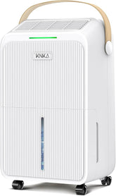 KNKA dehumidifier for home, 2500 sq. ft, white color, with wheels, adjustable humidity control, and digital display.