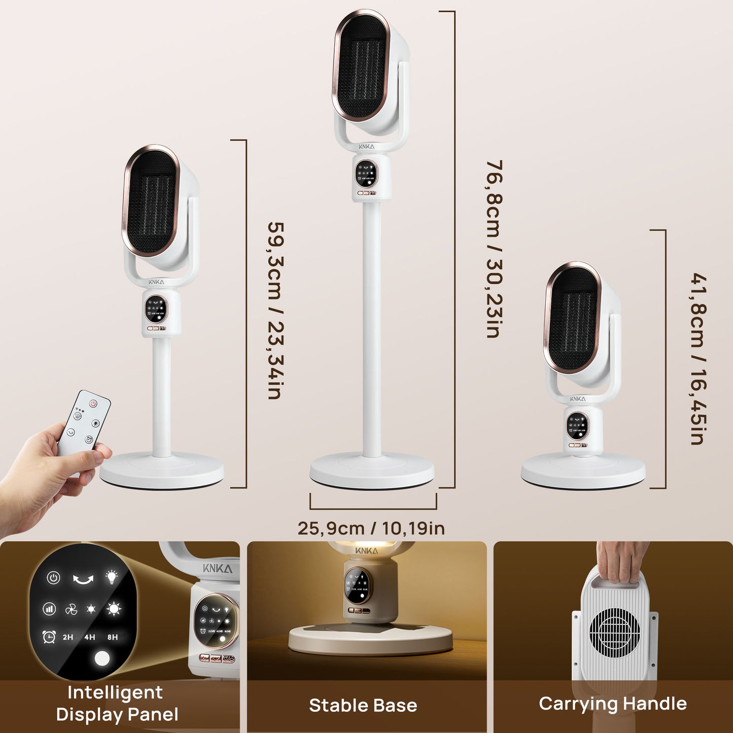 KNKA Space Heater, Portable space heaters for indoor use, 1800W PTC Ceramic Heater with Night Light, Adjustable Height, Remote Control, 3 cooling/heating modes, Overheat ,for Bedroom Office Use
