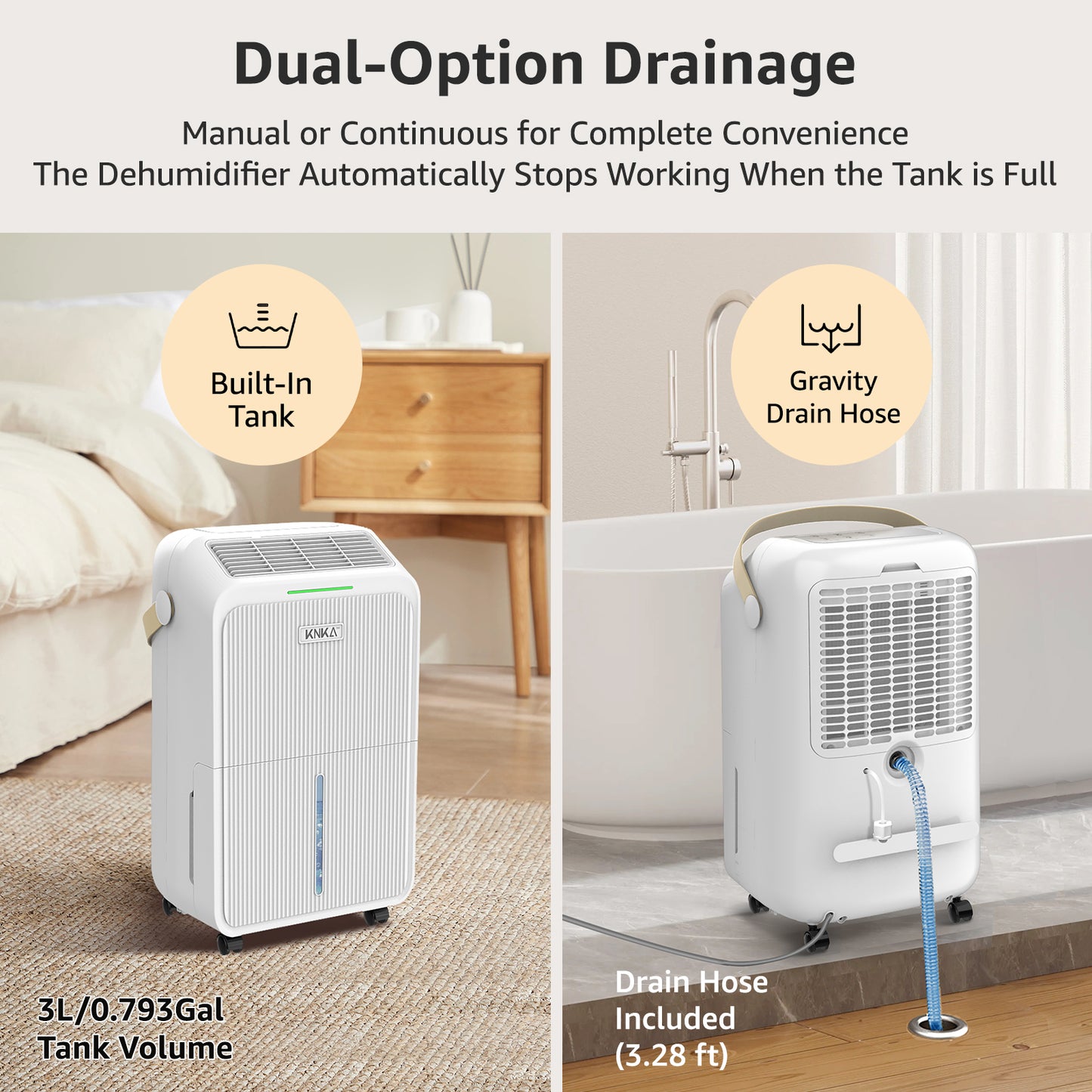 KNKA 34-Pint Dehumidifier for Basements, Large Room, Home, 2500 Sq.ft. Dehumidifier with Drain Hose, Smart Humidity Control, 3 Modes, Dry Clothes