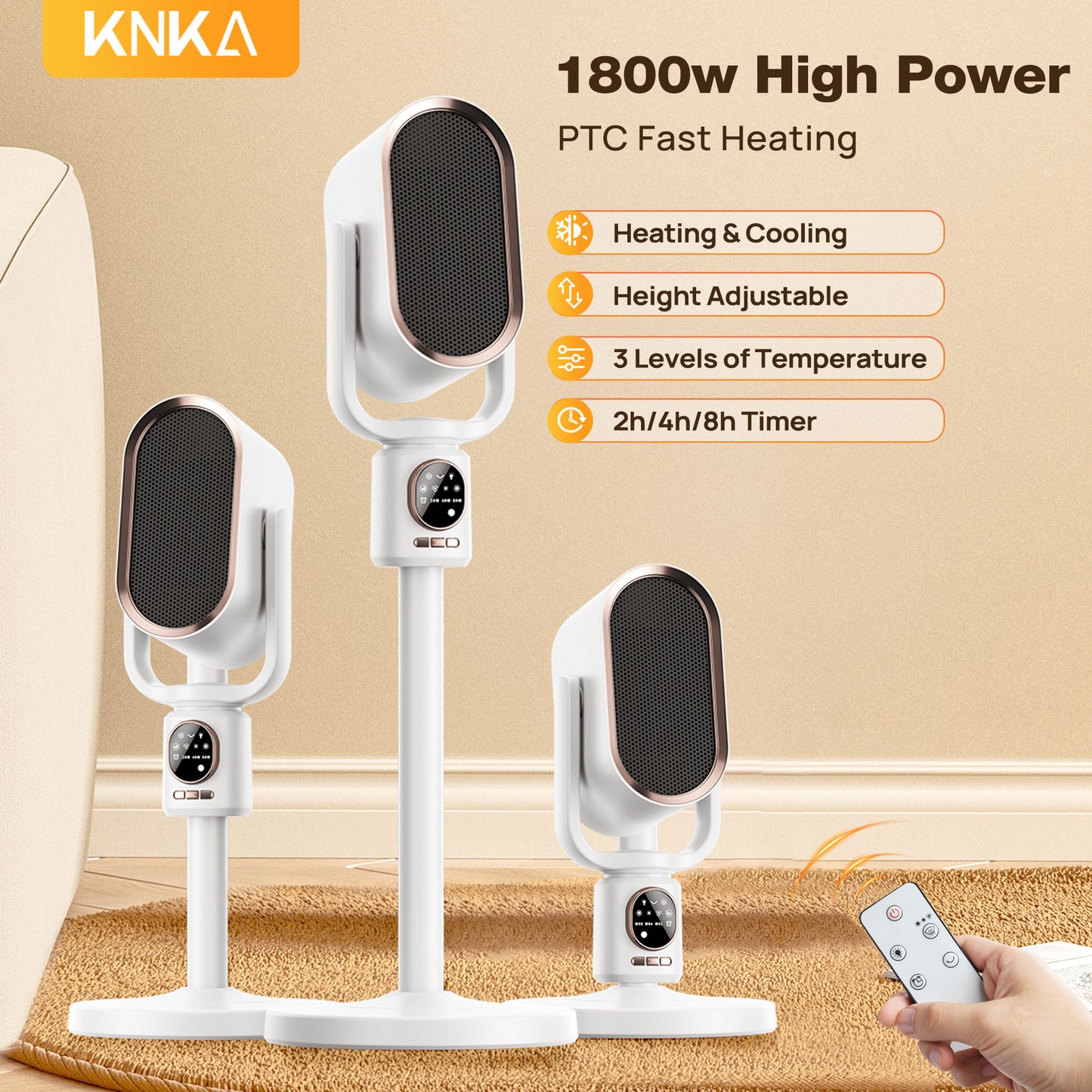 KNKA Space Heater, Portable space heaters for indoor use, 1800W PTC Ceramic Heater with Night Light, Adjustable Height, Remote Control, 3 cooling/heating modes, Overheat ,for Bedroom Office Use