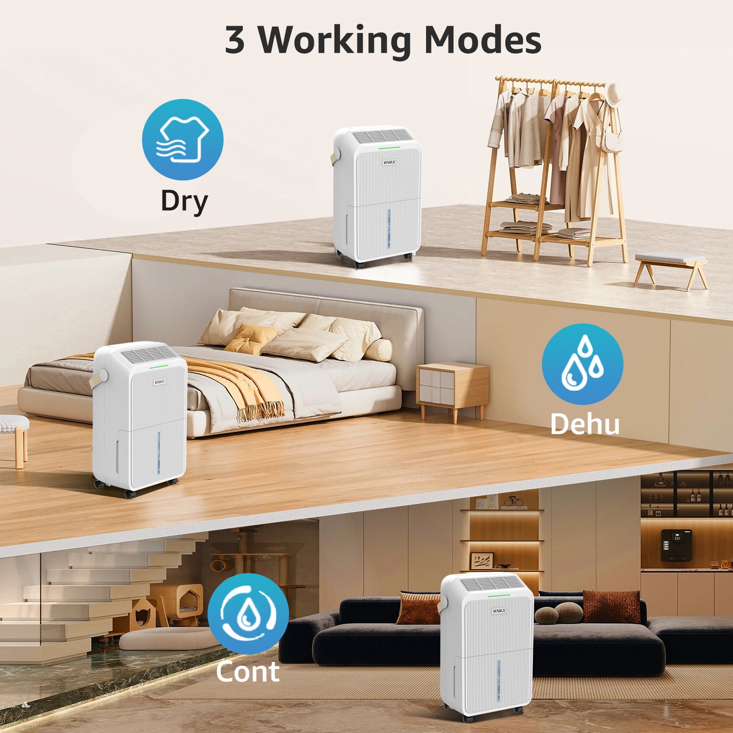 KNKA 34-Pint Dehumidifier for Basements, Large Room, Home, 2500 Sq.ft. Dehumidifier with Drain Hose, Smart Humidity Control, 3 Modes, Dry Clothes