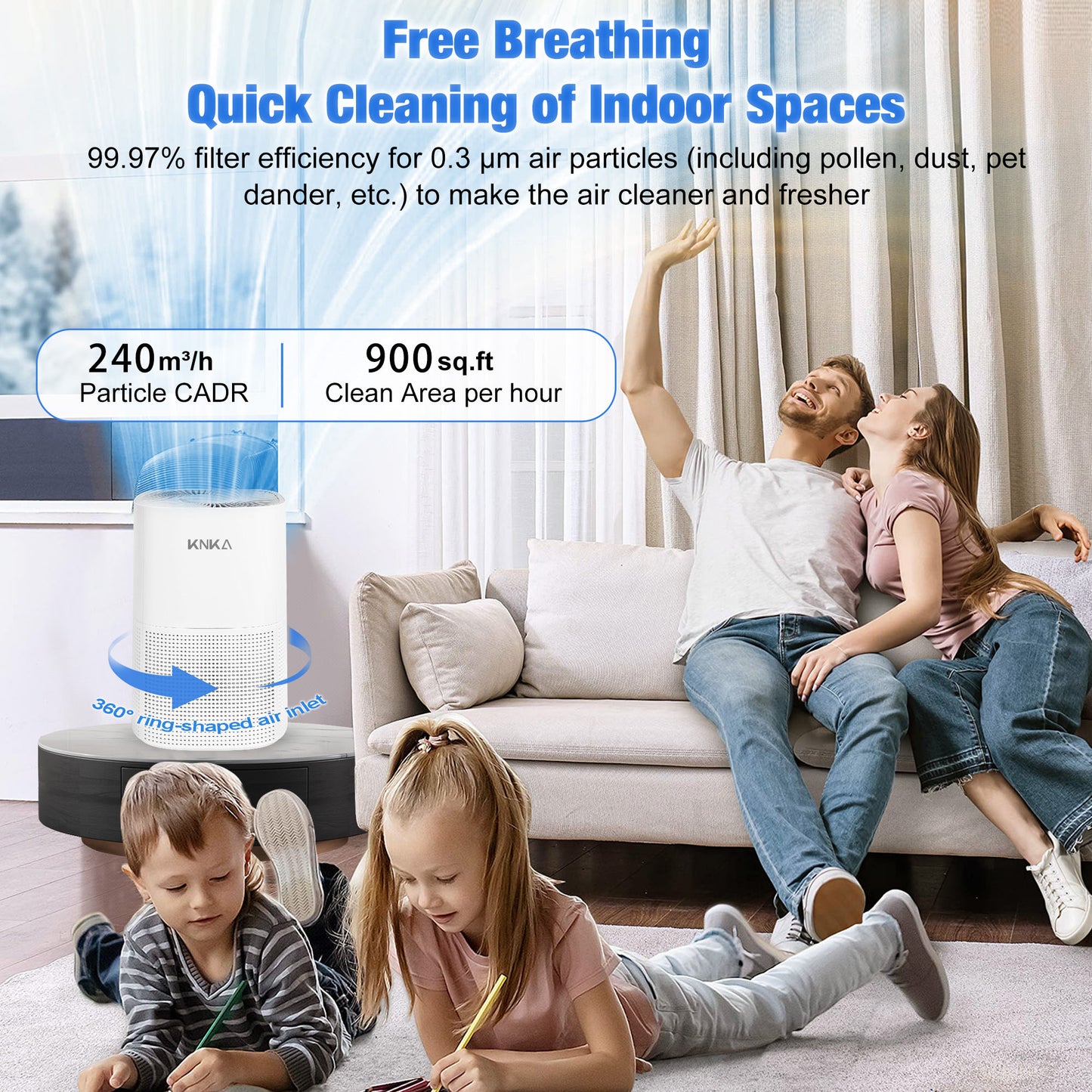 KNKA air purifiers for home pets bedroom, HEPA air purifiers air cleaner up to 900 ft² for PM2.5 particles, Energy Star Certified, Quiet Operation