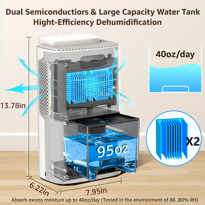 Dehumidifier,95 OZ Water Tank, (850 sq. ft) Quiet Dehumidifier(White）