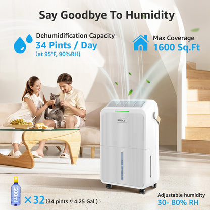 KNKA 34-Pint Dehumidifier for Basements, Large Room, Home, 2500 Sq.ft. Dehumidifier with Drain Hose, Smart Humidity Control, 3 Modes, Dry Clothes