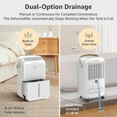 Dehumidifier showing dual-option drainage with built-in tank and gravity drain hose for easy moisture removal.