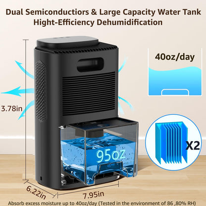 Dehumidifier,95 OZ Water Tank, (850 sq. ft) Quiet Dehumidifier(Black）